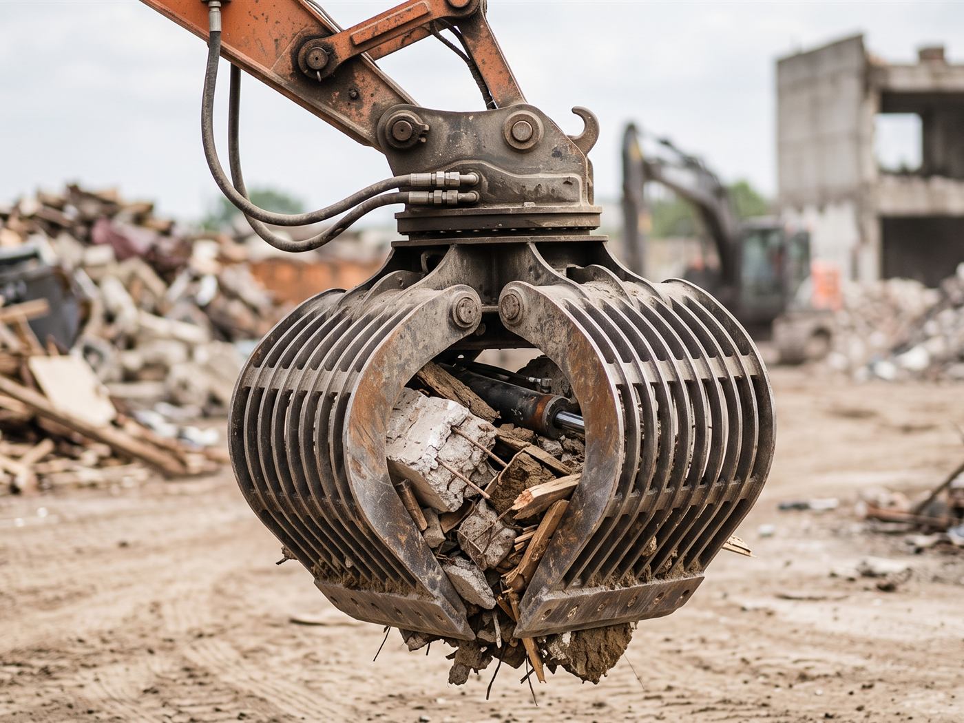 Grapple with two jaws fitted with interlocking tines, holding rubble and timber, on a demolition site