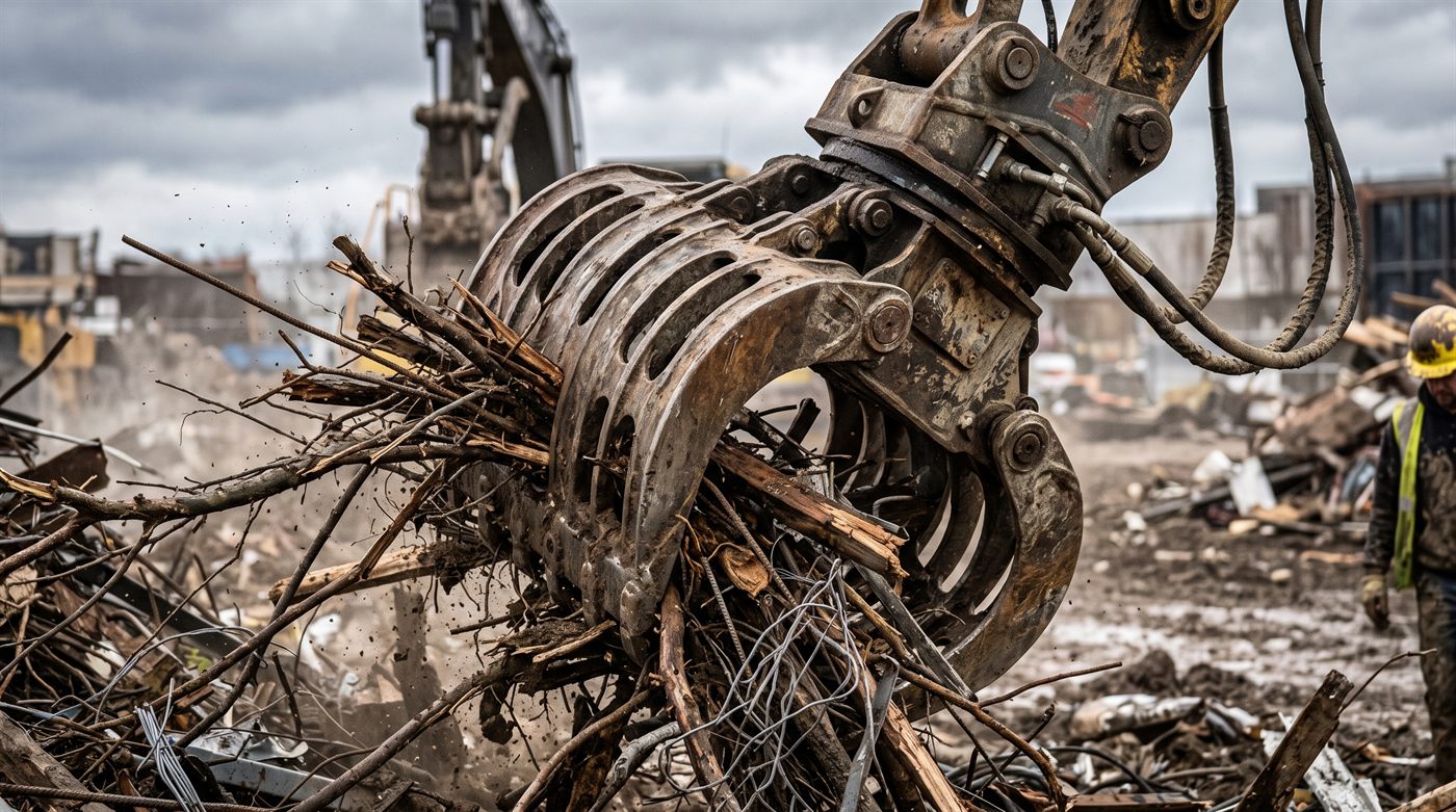 A grapple with curved tines biting into a tangled heap of timber and scrap, the material sticking out between the tines.