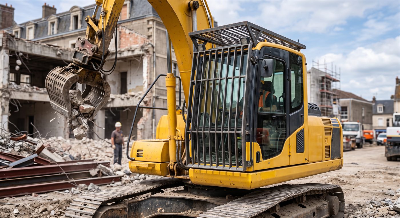Une cabine de pelle de démolition équipée de ses deux protections : des barreaux verticaux devant la vitre frontale, et un grillage au-dessus du pavillon ; la machine travaille devant un bâtiment éventré.