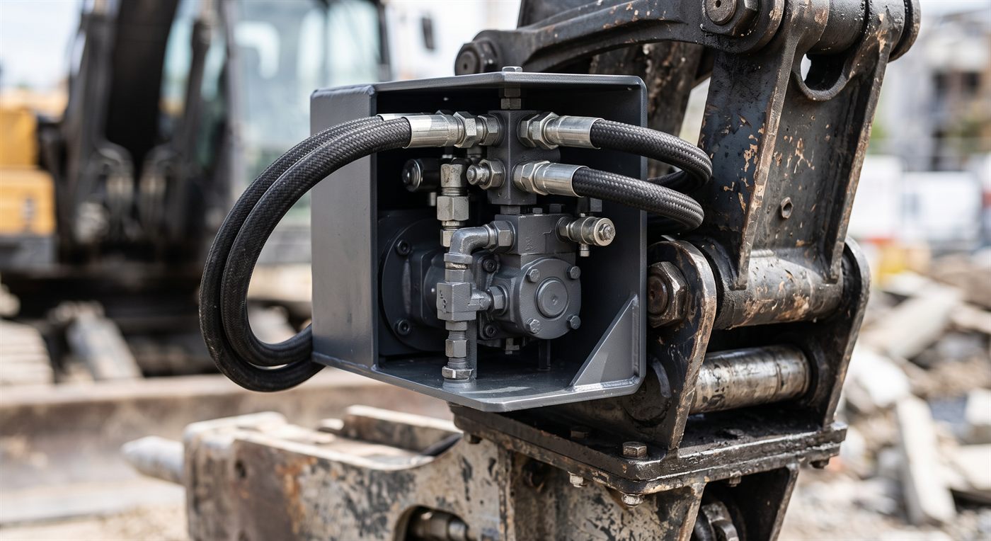 Un groupe hydraulique autonome logé dans un carter d'acier, monté en bout de balancier au-dessus de l'attache, ses deux gros flexibles tressés raccordés au bloc de pompe.