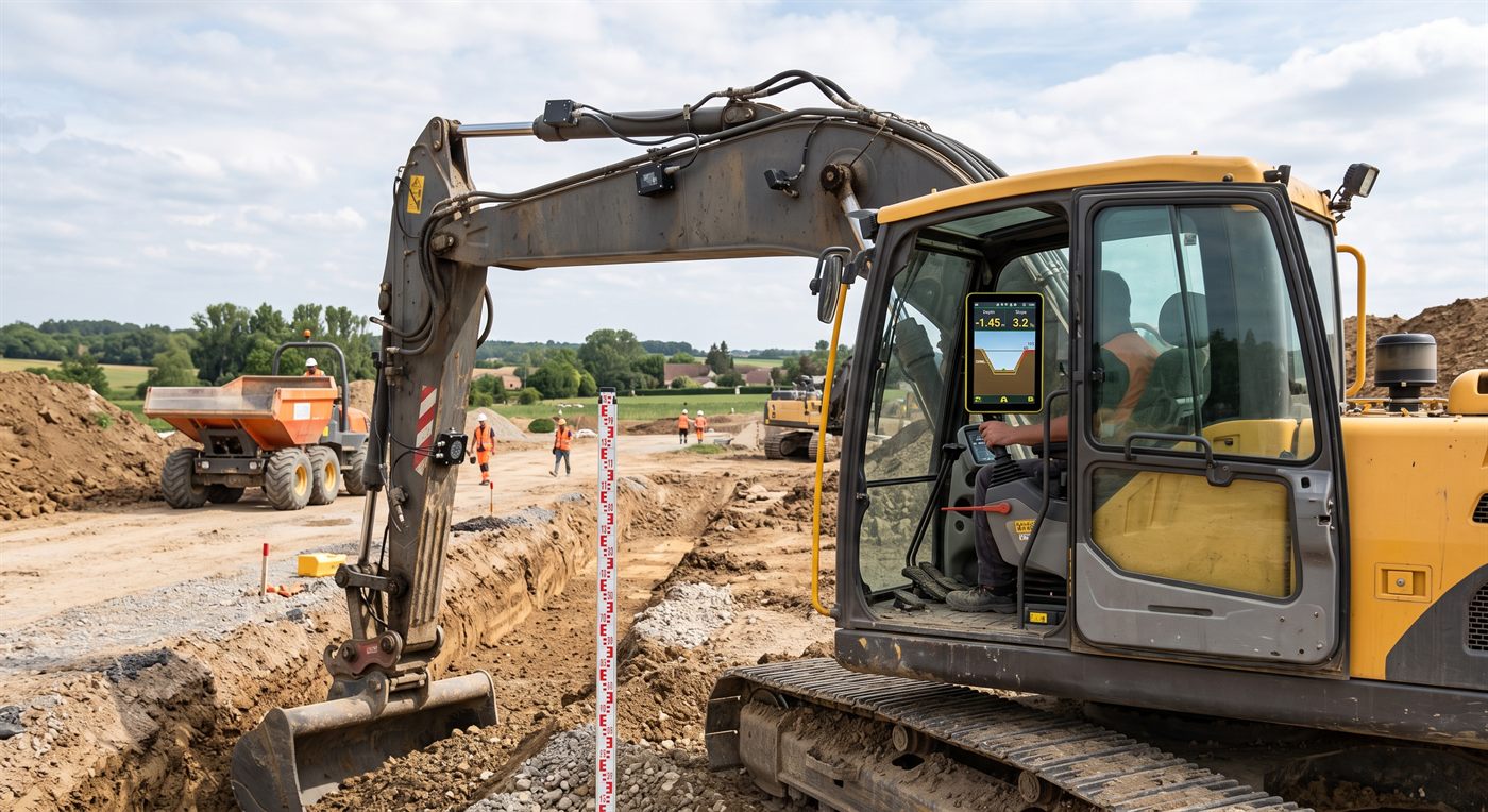An excavator at earthmoving work whose equipment carries angle sensors, with a screen in the cab showing a trench section, the depth and the slope; a red and white graduated staff is planted at the edge of the excavation. No satellite antenna.