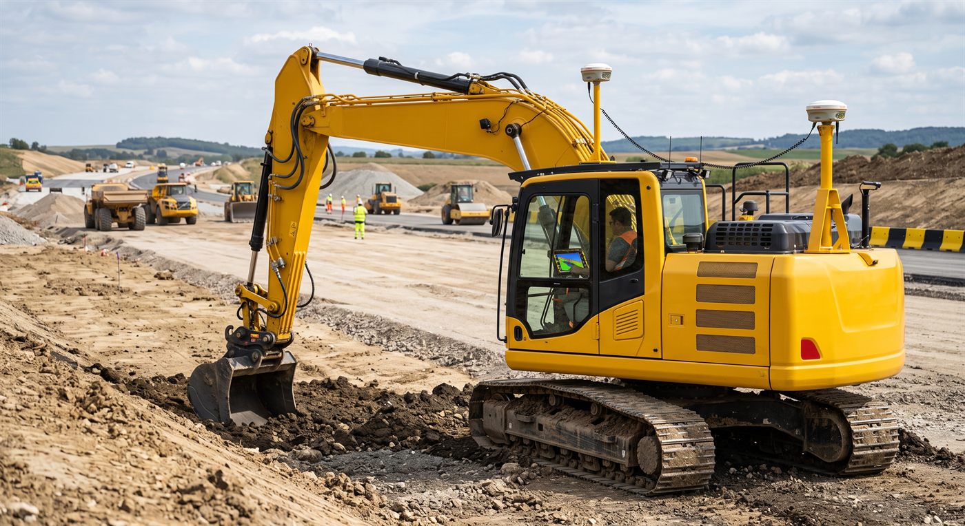 A motorway earthmoving excavator fitted with two white satellite antennas raised on masts, with a colour screen in the cab showing the ground in relief; dumpers and compactors working in the background.