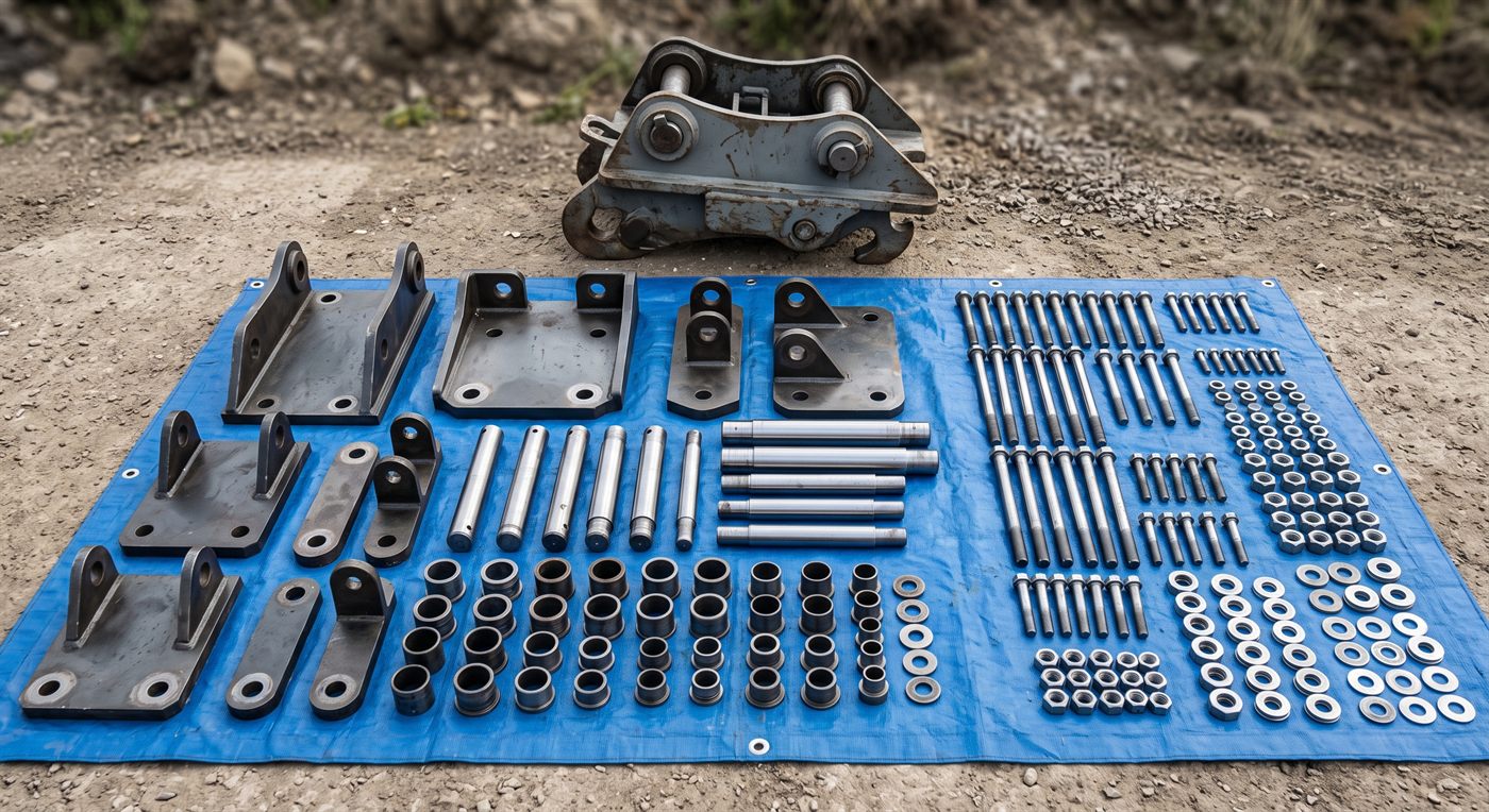 Les pièces d'un kit de conversion étalées et triées par famille sur une bâche bleue — platines, chapes, axes, bagues, boulonnerie et rondelles — avec l'attache rapide qu'elles adaptent posée derrière.