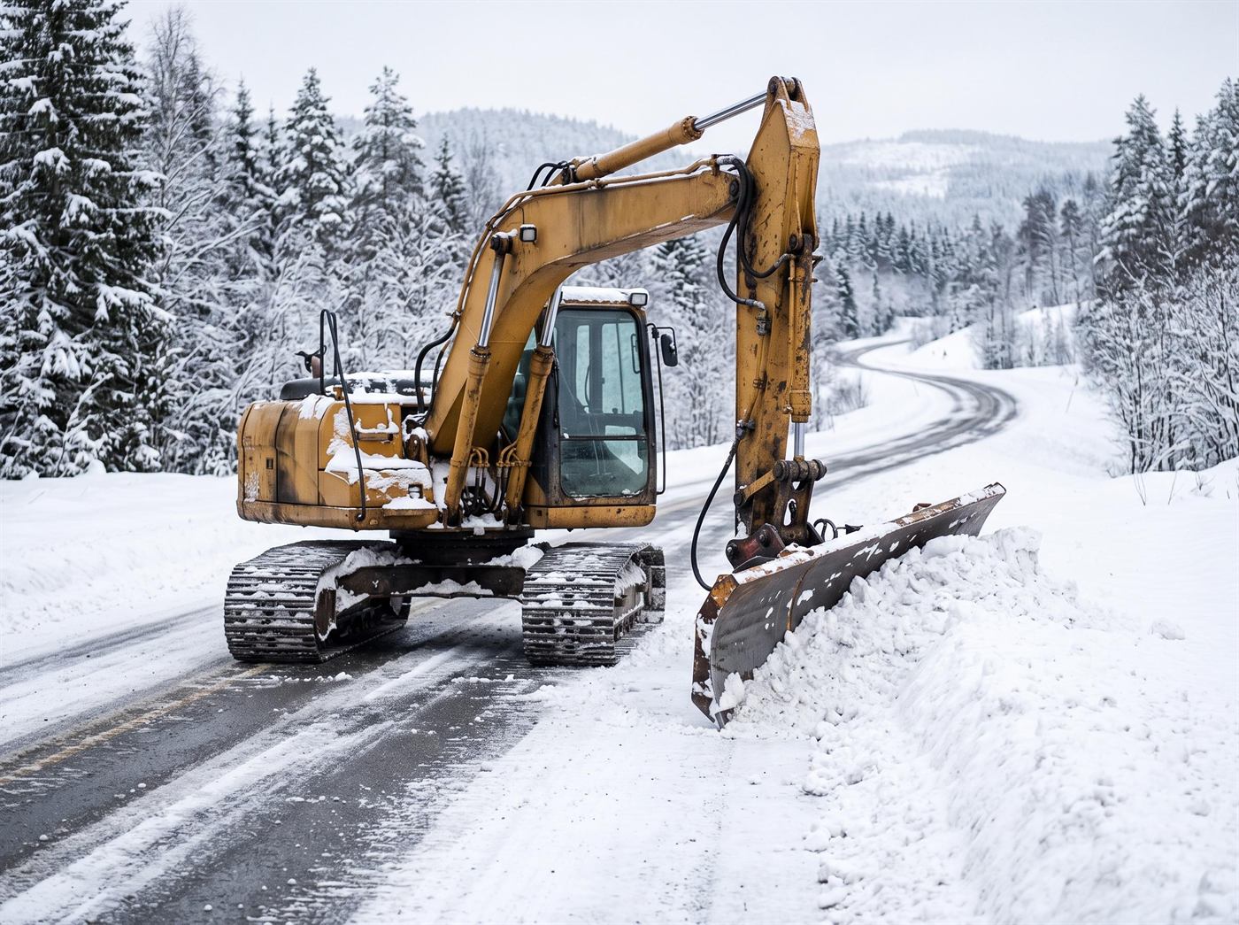 Pelle hydraulique équipée d'une lame à neige, repoussant la neige sur le bas-côté d'une route