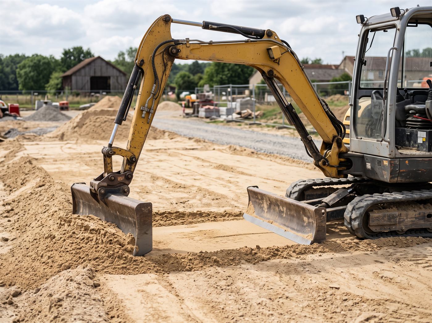 Miniexcavadora equipada con una cuchilla niveladora, extendiendo arena en una plataforma