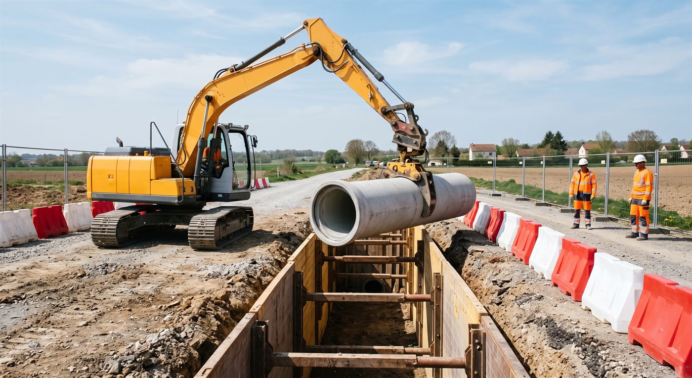 Un tube de canalisation en béton tenu par l'outil au-dessus d'une tranchée blindée, prêt à être descendu ; la tranchée est vide et les ouvriers se tiennent à distance, derrière les barrières.
