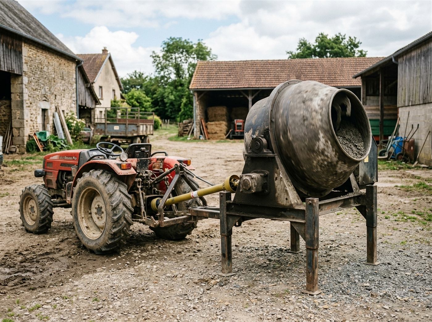 Un malaxeur autoporté attelé à l'arrière d'un tracteur ; la cuve tourne sur ses pieds, prête à être remplie.