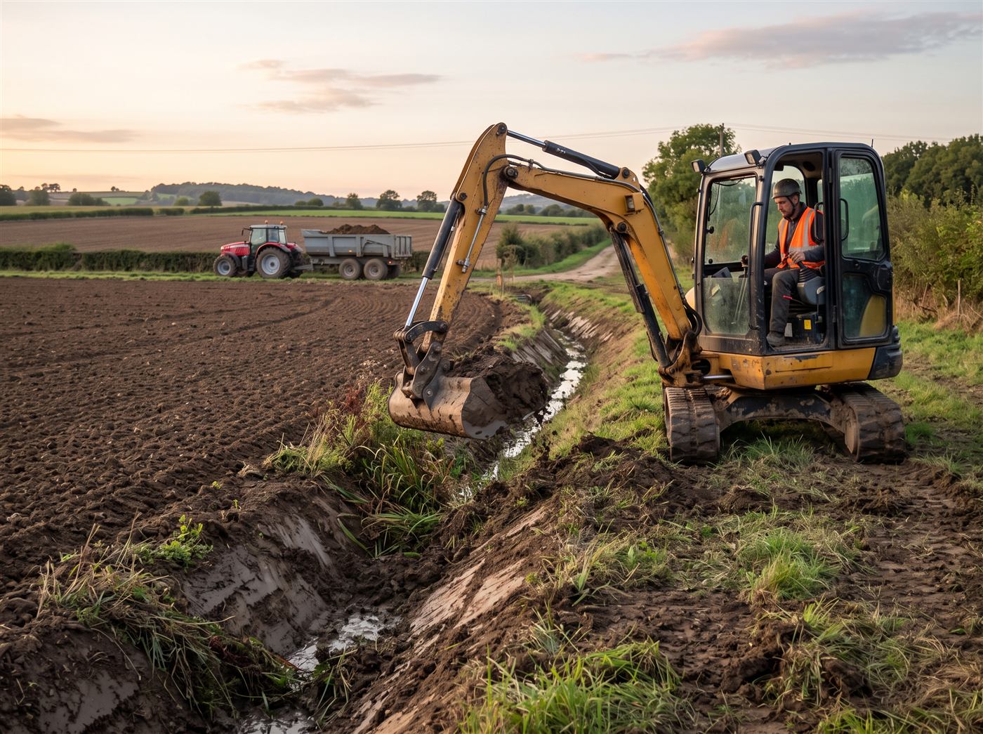Fossé de drainage fraîchement profilé le long d'une parcelle cultivée, pelle à l'arrêt