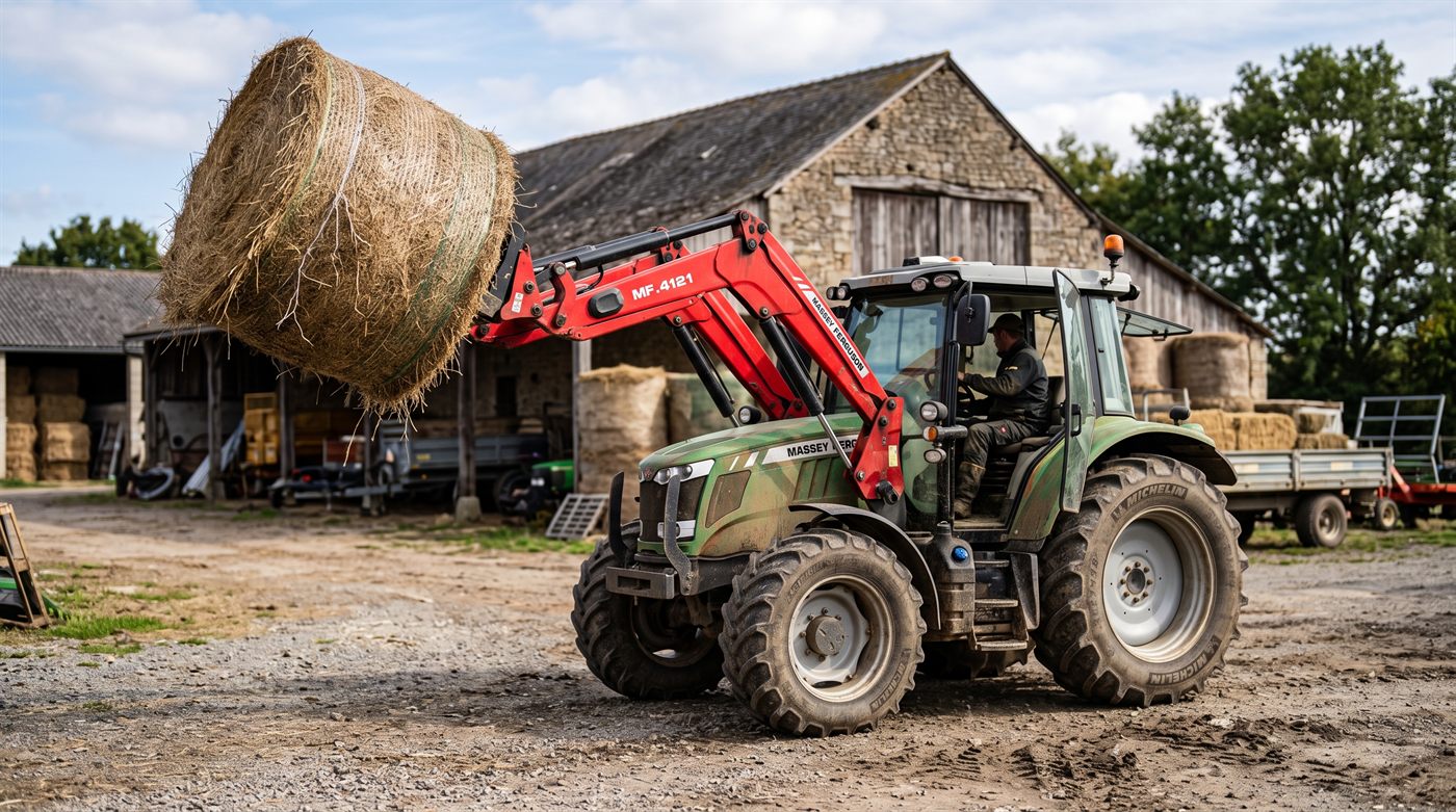 Un tracteur agricole équipé d'un chargeur frontal soulevant une botte ronde de paille dans une cour de ferme, devant un bâtiment de pierre et des bottes stockées.