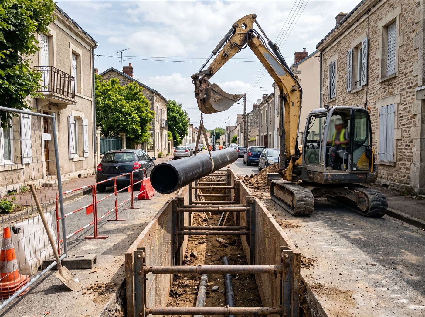 Tranchée blindée dans une rue de village, un tube de canalisation élingué au-dessus par une pelle, personne au fond de la fouille