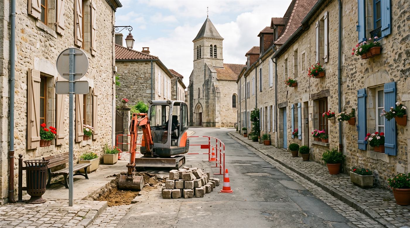 Mini-pelle ouvrant une tranchée dans une rue de village, pavés démontés et empilés à côté, barrières et cônes, une voie laissée libre
