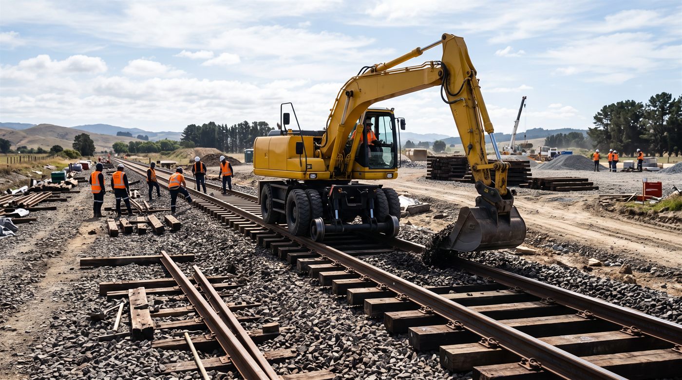 Chantier de renouvellement de voie ferrée : une pelle rail-route posée sur les rails par ses essieux ferroviaires, godet au ballast, tandis qu'une équipe en gilets orange manipule des traverses le long de la voie.