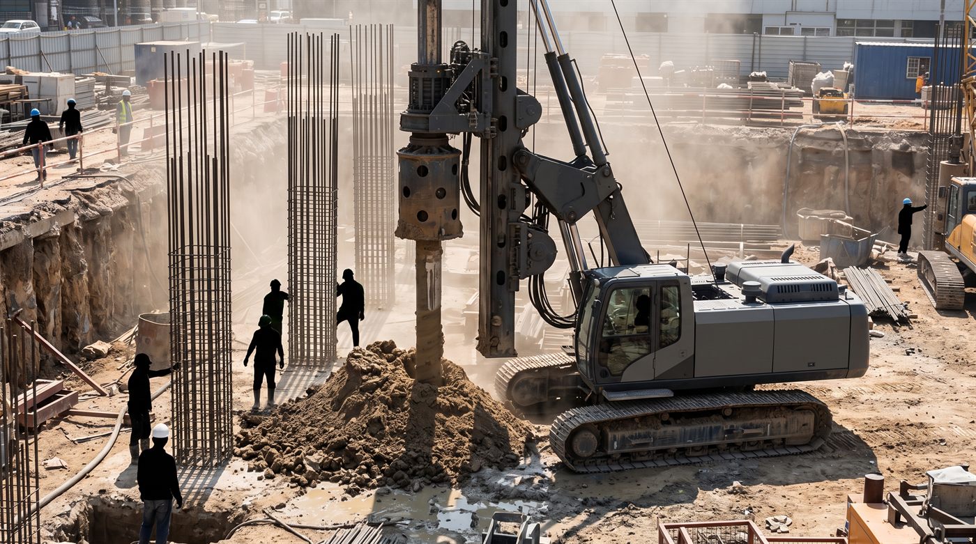 Chantier de fondations spéciales en fouille : une foreuse de pieux sur chenilles, outil de forage engagé dans le sol, entourée de cages d'armature verticales en attente et de déblais.