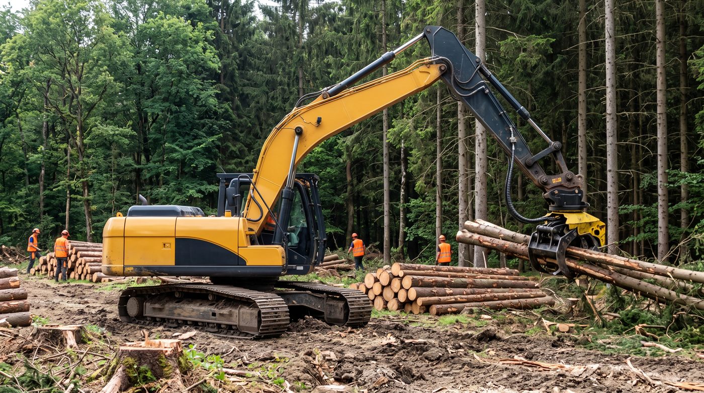 Coupe forestière : une pelle sur chenilles équipée d'un grappin saisit une grume, devant des piles de bois rangées et une futaie de résineux. Équipe en gilets orange à distance.