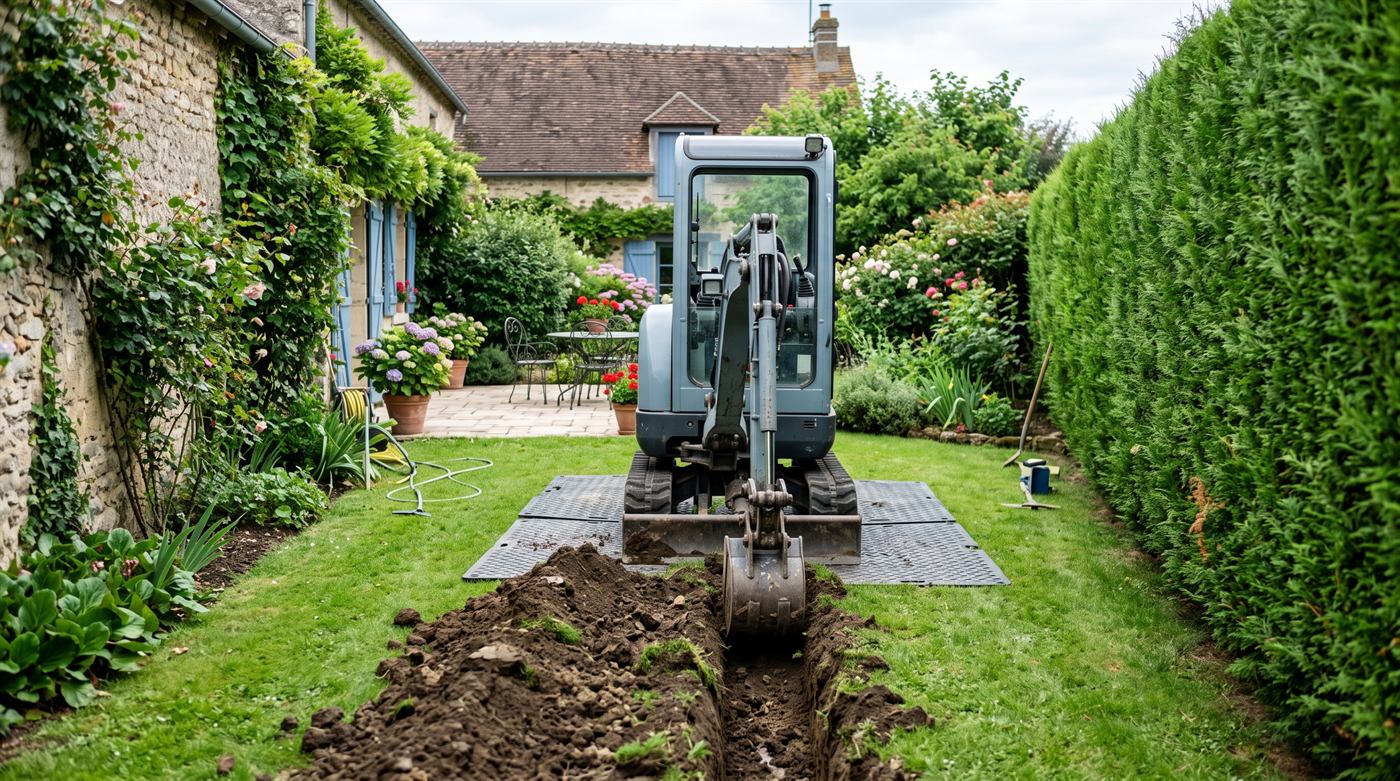 Mini-pelle sur plaques de protection dans un jardin clos, creusant une tranchée étroite dans une pelouse