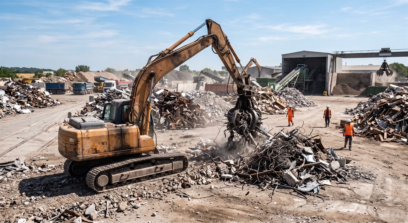 Plateforme de tri et de recyclage : une pelle sur chenilles équipée d'un grappin à ferraille saisit de la ferraille au milieu d'andains de gravats et de métaux, devant un crible et un hangar de traitement.
