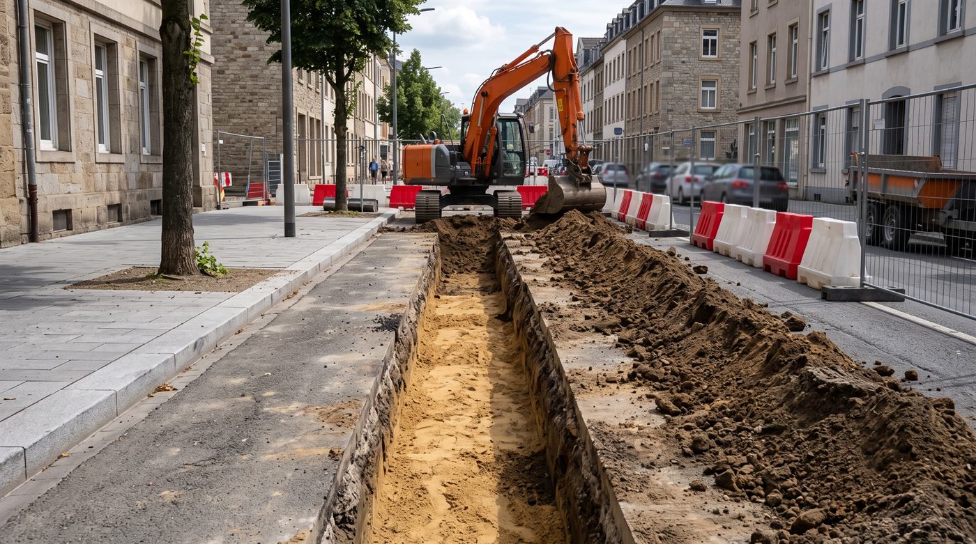 Tranchée de réseau ouverte le long d'une rue, barrières de chantier et bâtiments alentour