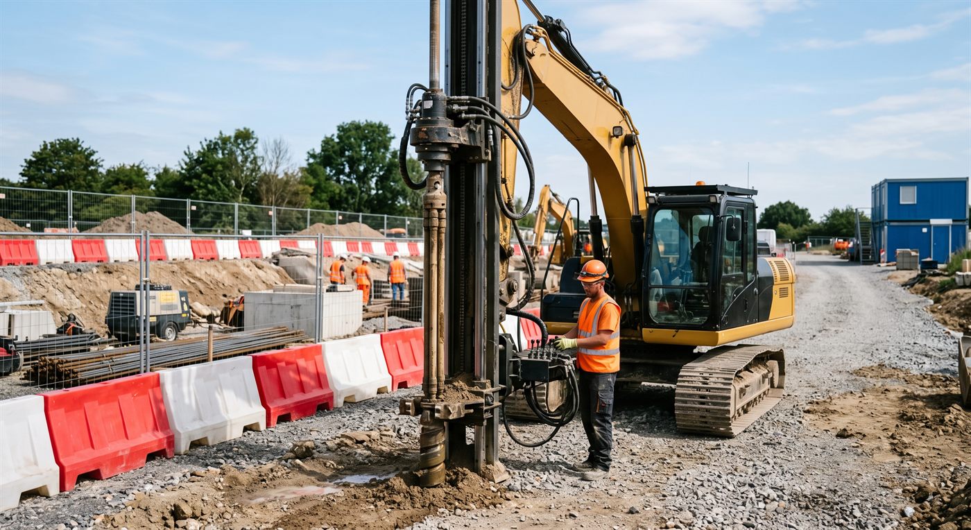 A drilling module mounted on the end of the dipper arm: a vertical mast along which a drill head slides, and below it a string of rods engaged in the ground. An operator works from a remote station.