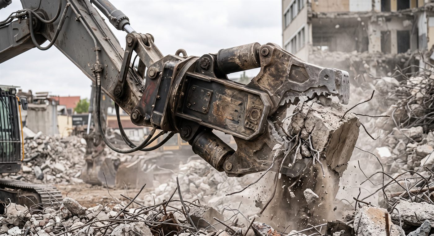 A multiprocessor bursting a block of reinforced concrete whose reinforcement stays visible, in front of a building being demolished; the rotator is visible between the arm and the body.