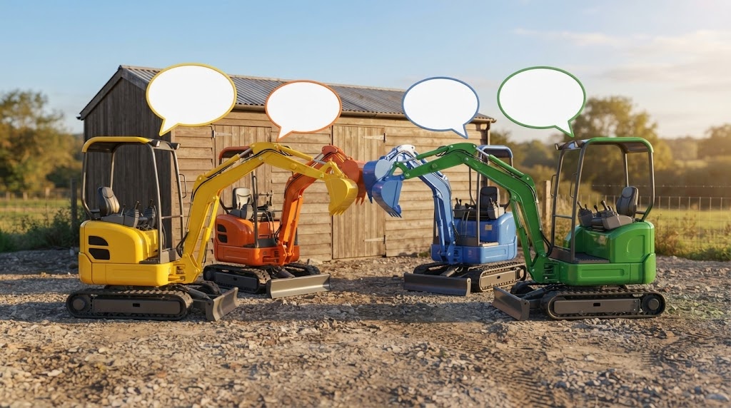Quatre mini-pelles de couleurs différentes, godets face à face, une bulle de dialogue vide au-dessus de chacune