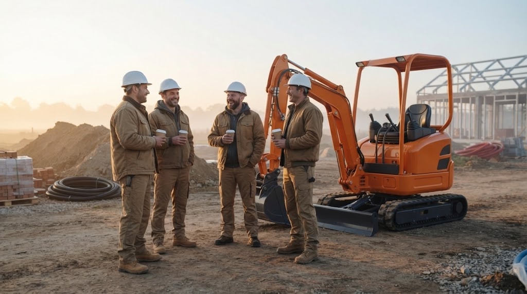 Quatre conducteurs d'engins discutent autour d'un café devant une mini-pelle orange, au petit matin