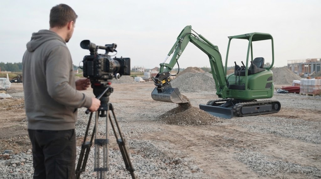 Une mini-pelle verte au travail, filmée par une caméra sur trépied