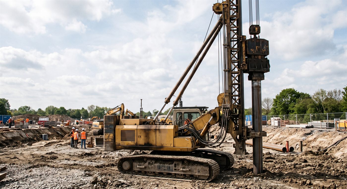 Un atelier de battage sur chenilles : un mât vertical en treillis, haubané, portant en tête une masse de frappe suspendue, et au pied du mât un tube de pieu métallique déjà enfoncé dans le sol. Chantier de fondations en fouille, ferraillage et personnel à l'arrière-plan.