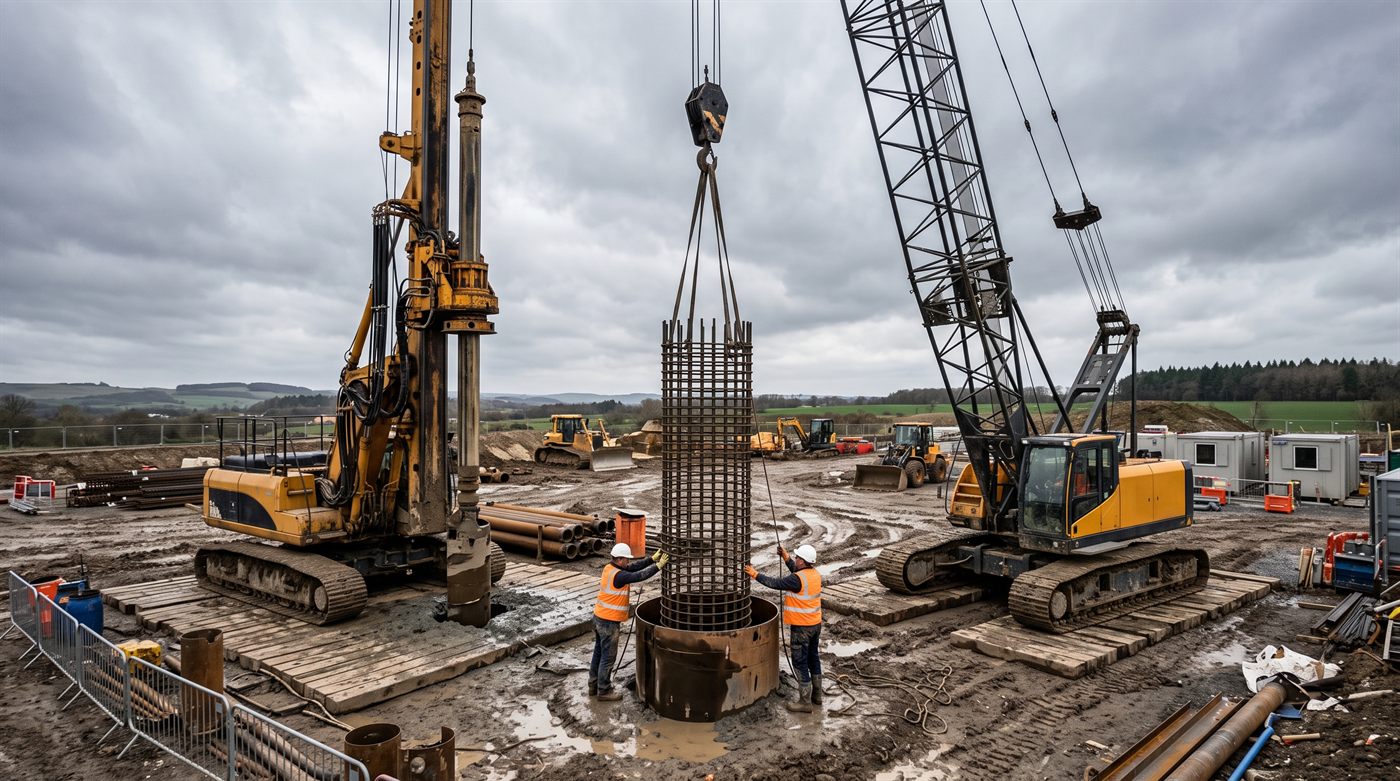 Un atelier de fondations spéciales en pleine mise en œuvre, une cage d'armature suspendue au-dessus d'un forage.