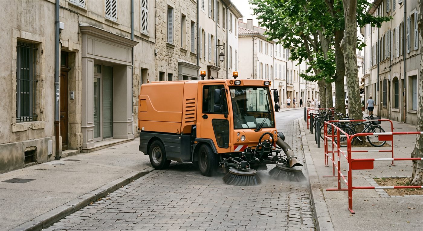 Une balayeuse de voirie compacte orange nettoyant une rue pavée : ses deux brosses rotatives tournent au ras du caniveau et la buse d'aspiration suit derrière. Rue ancienne en pierre claire, platanes et vélos rangés le long du trottoir.
