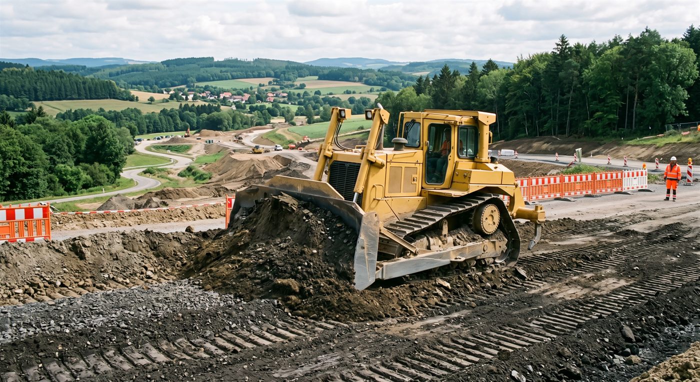 Un bouteur sur chenilles poussant devant lui un bourrelet de terre avec sa lame frontale, en train de régler un remblai ; le ripper est visible à l'arrière. Campagne vallonnée, barrières de chantier et personnel à distance.