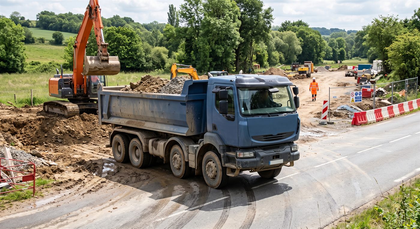 Un camion à benne basculante à quatre essieux, benne chargée de déblais, quittant la piste de chantier pour rejoindre la route ; derrière lui, la pelle qui vient de le charger.