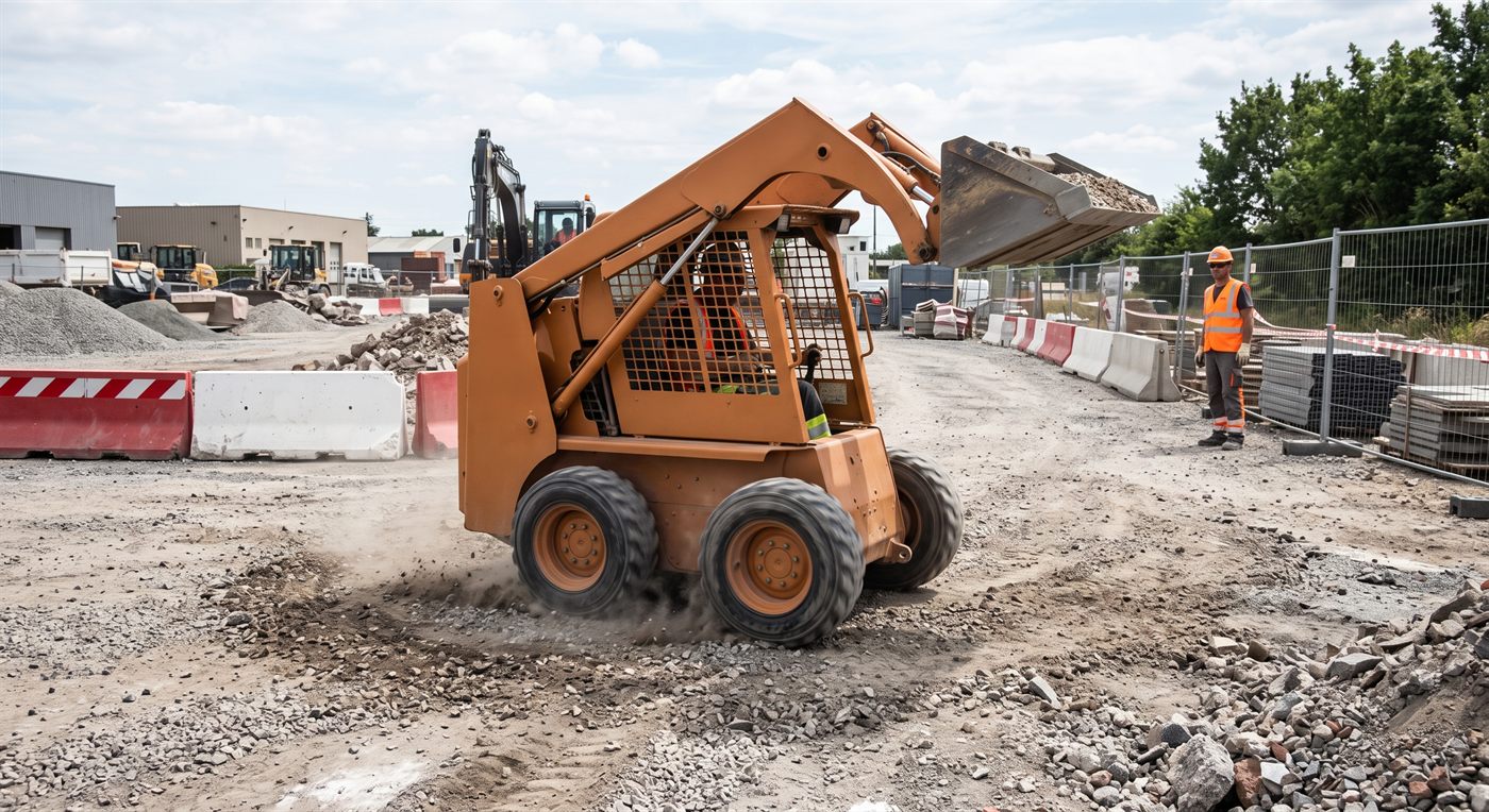 Une chargeuse compacte à direction différentielle sur quatre pneus, godet chargé relevé, pivotant sur place en faisant patiner ses roues — la poussière se soulève sous les pneus. Cour de chantier, barrières et personnel à distance.