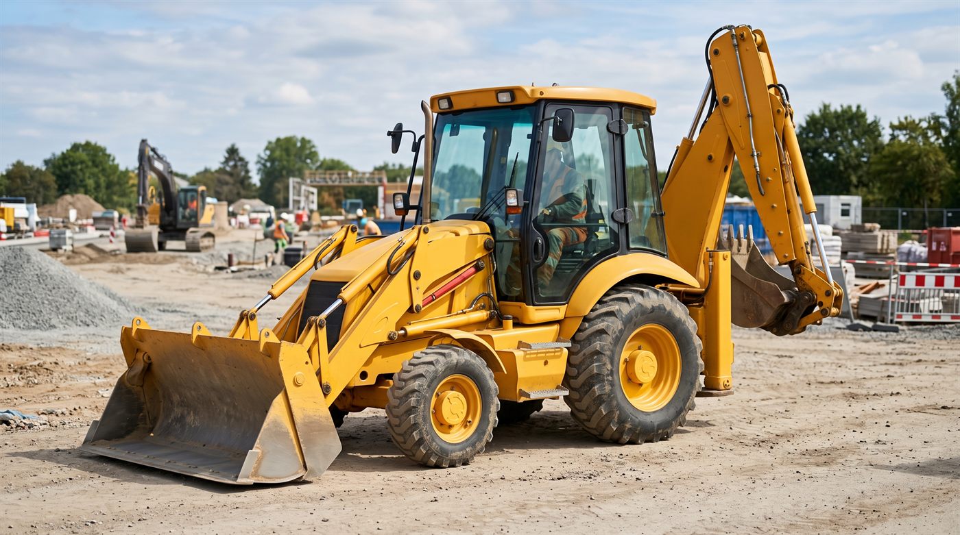 Une chargeuse-pelleteuse jaune à quatre roues, les deux arrière nettement plus grandes : un godet chargeur posé au sol à l'avant, et à l'arrière un bras articulé portant un godet rétro. Chantier de voirie à l'arrière-plan.