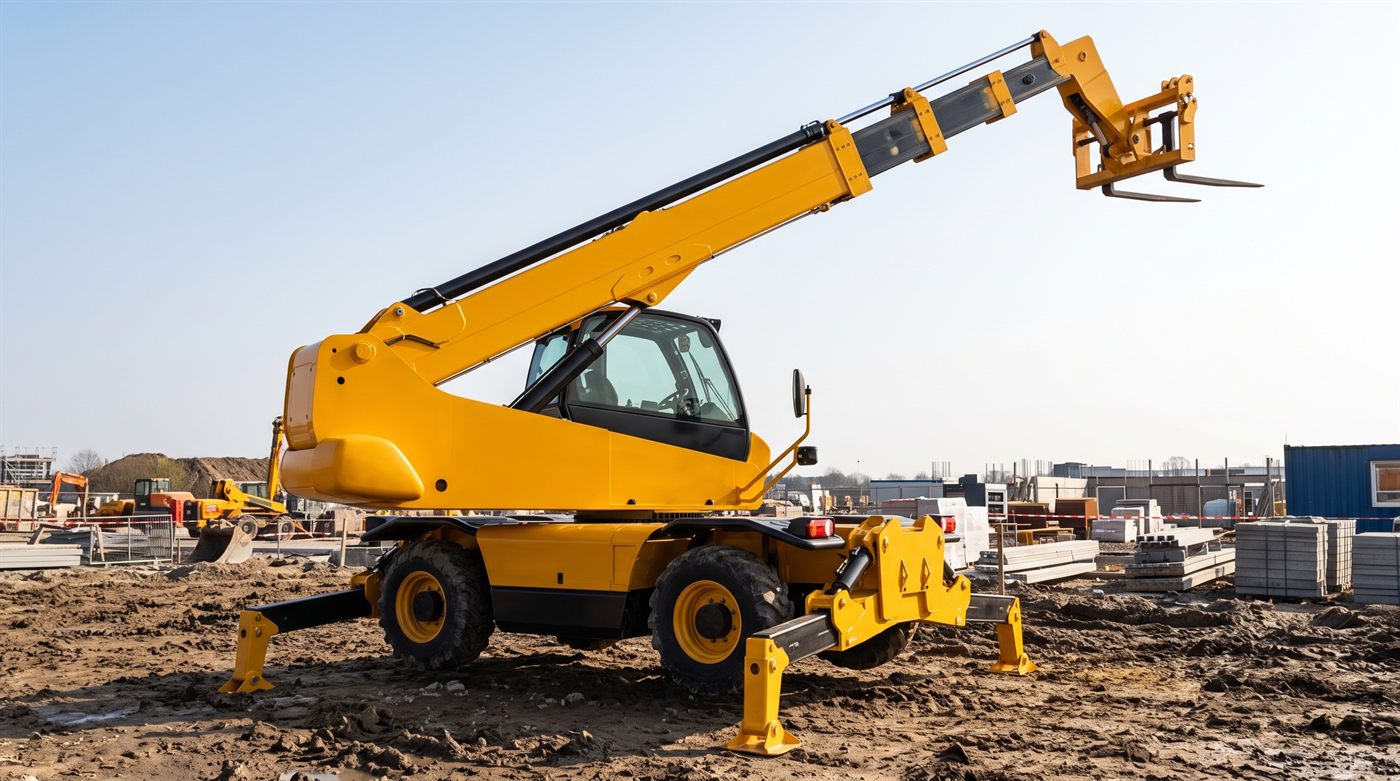 Un chariot télescopique rotatif jaune, bras déployé en oblique et tablier porte-fourches en bout de bras. La tourelle porte la cabine et pivote sur le châssis. Quatre stabilisateurs sont déployés au sol. Bâtiment en construction à l'arrière-plan.