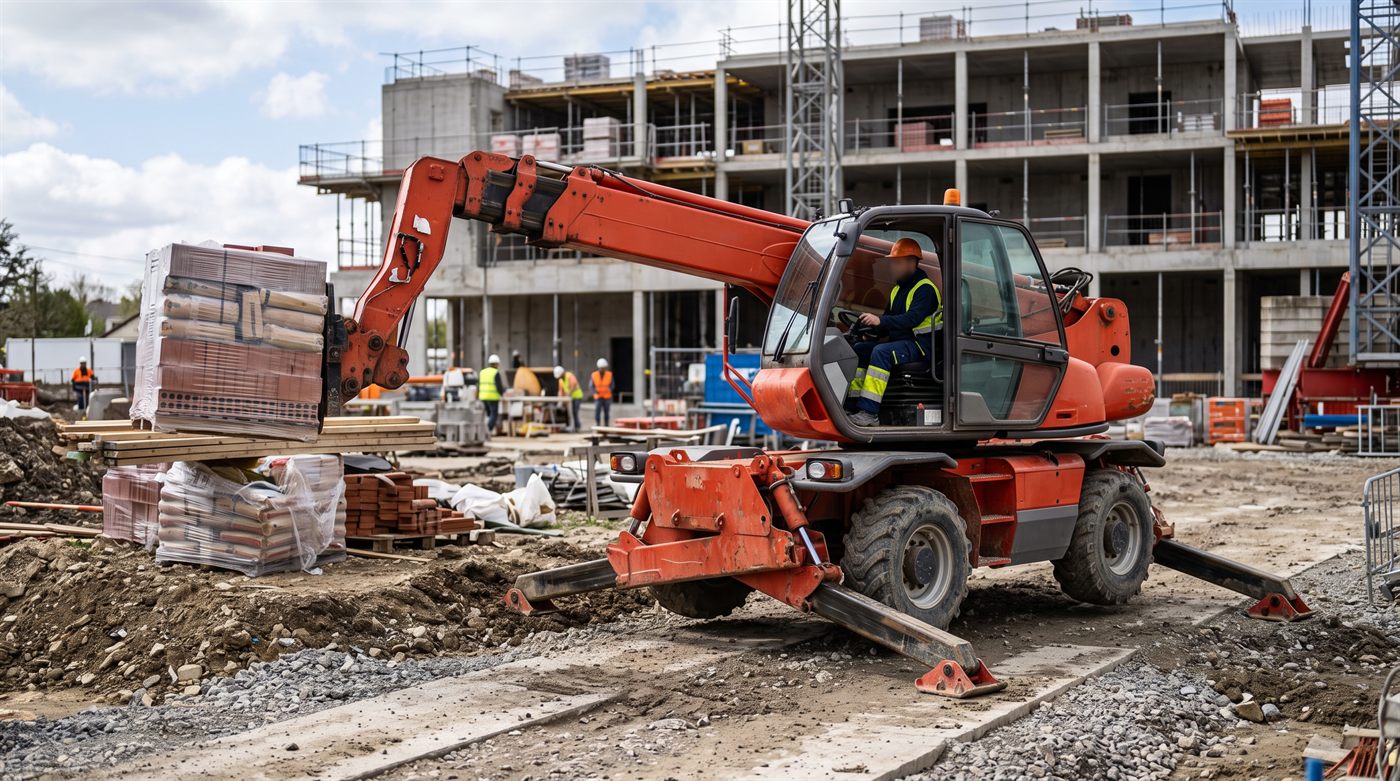 Un chariot télescopique rotatif, tourelle pivotée sur le côté, déposant une palette de briques au pied d'un bâtiment en construction.
