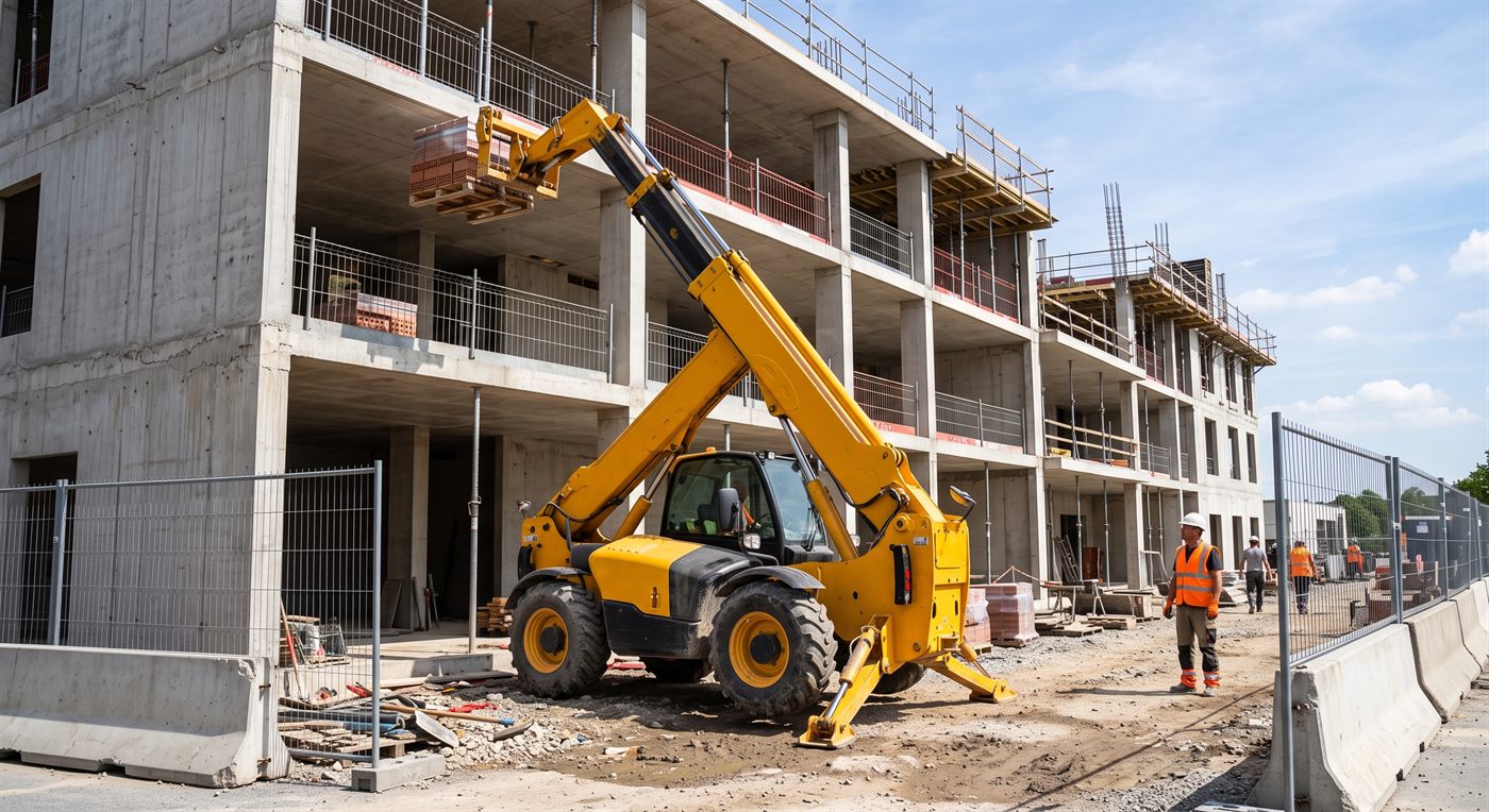 Un chariot télescopique déposant une palette de briques à l'étage d'un bâtiment en construction, bras déployé en oblique et béquilles avant sorties ; les compagnons se tiennent à distance de la charge.