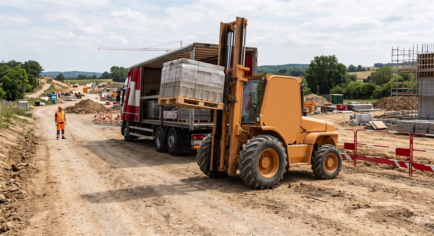 Un chariot élévateur tout-terrain à mât, gros pneus crantés, déchargeant une palette de parpaings d'un camion bâché sur une piste de chantier en terre.
