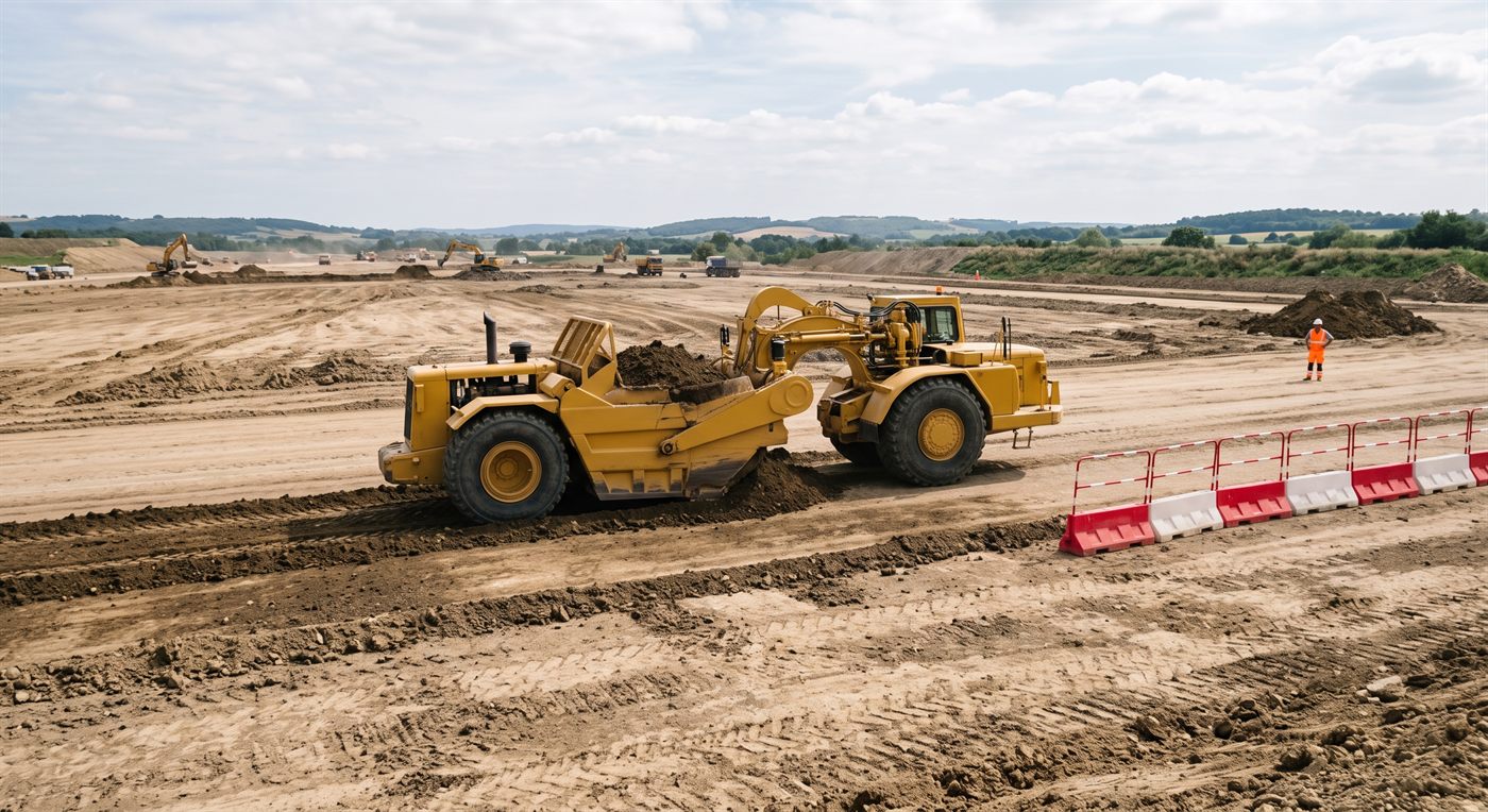Une décapeuse automotrice — tracteur et benne — décapant une bande de terrain sur une grande emprise de terrassement, la benne se remplissant par l'avant ; pelles et camions travaillent au fond.