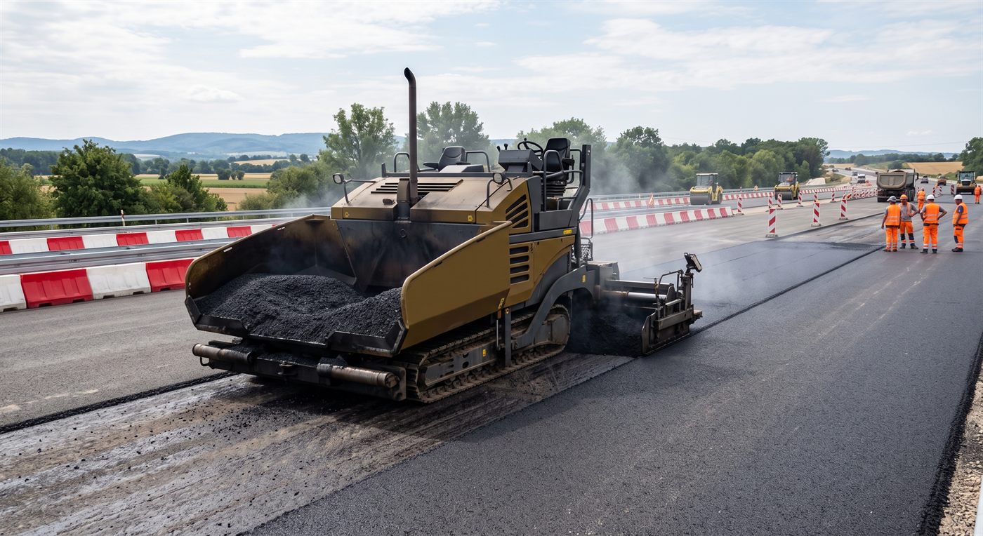 Un finisseur sur chenilles posant un tapis d'enrobé encore fumant, sa trémie pleine à l'avant et sa table de mise en uvre à l'arrière ; deux compacteurs suivent, l'équipe se tient sur le côté.
