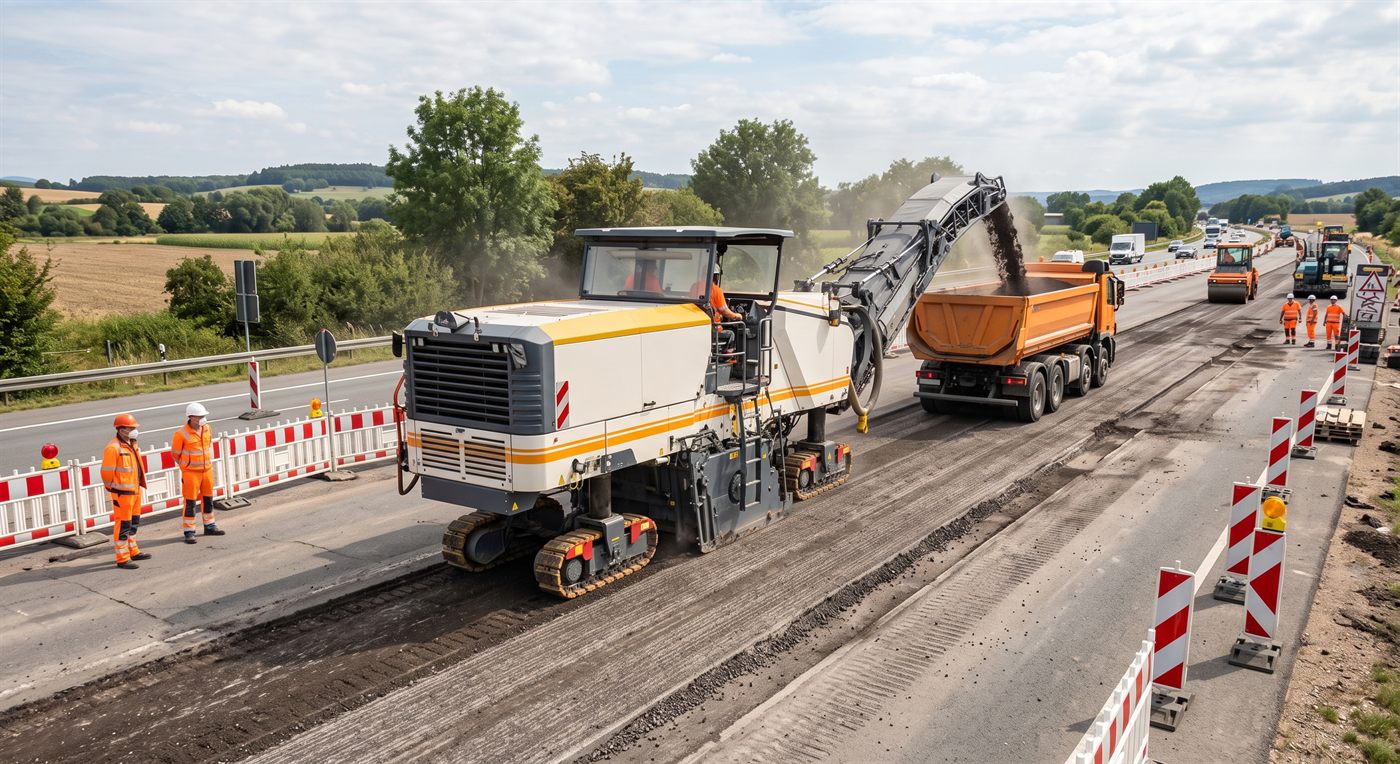 Une fraiseuse de chaussée rabotant une voie, son tapis d'évacuation chargeant en marchant un camion qui l'accompagne ; la surface fraisée laisse des stries régulières derrière elle.