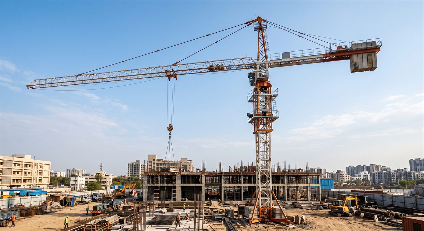 Une grue à tour dressée sur un chantier de bâtiment : mât vertical en treillis, flèche horizontale équilibrée par une contre-flèche portant des blocs de contrepoids, chariot de distribution sur la flèche et crochet suspendu au-dessus de la structure en construction.