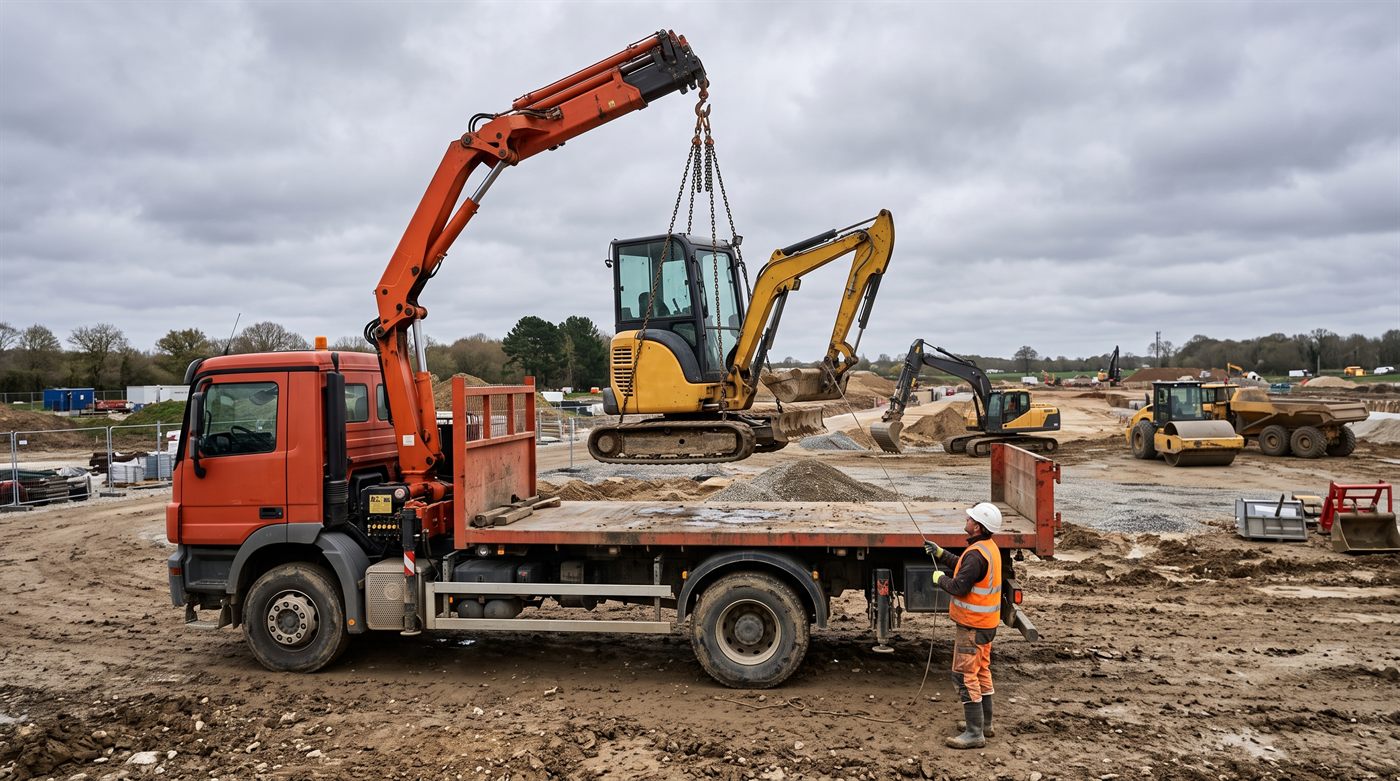 Une grue de chargement bras déployé au-dessus du plateau de son porteur, en train de décharger un engin.