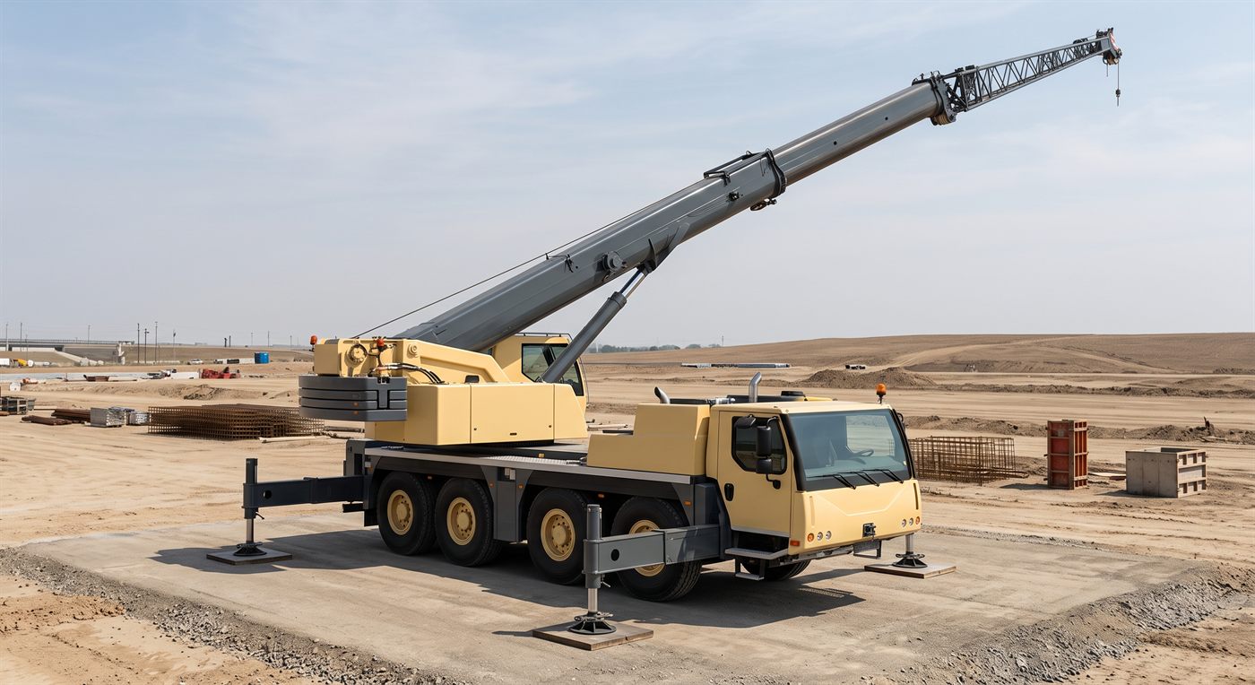 Une grue mobile sur porteur routier à quatre essieux, flèche télescopique déployée en oblique et prolongée d'une fléchette en treillis. Quatre stabilisateurs sont sortis sur leurs patins, et la tourelle porte le contrepoids. Terrassement à l'arrière-plan.