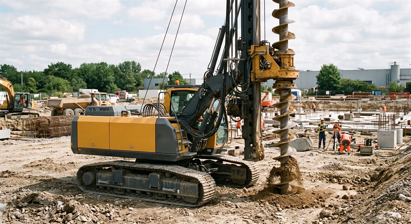 Une machine de forage sur chenilles, mât vertical portant une tarière hélicoïdale engagée dans le sol, les déblais remontés le long de l'hélice. Chantier de fondations avec ferraillage, personnel et matériel à l'arrière-plan.