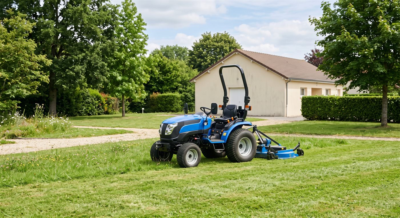 Un micro-tracteur portant une tondeuse à l'arrière, arceau de sécurité relevé, sur la pelouse d'un espace vert bordé de haies ; une maison basse ferme le fond.