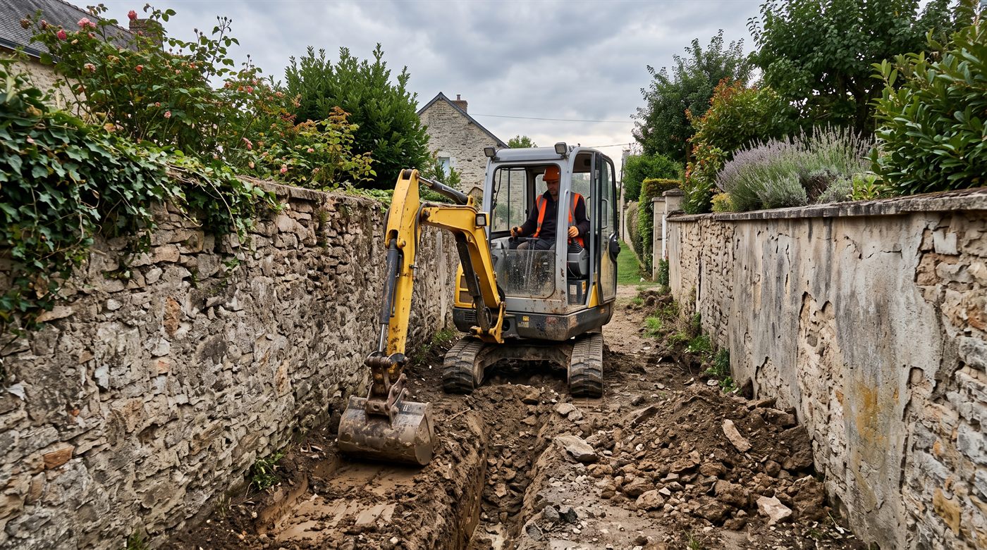 Une mini-pelle travaillant dans une tranchée étroite entre deux murs de jardin, là où une machine plus large ne passerait pas.
