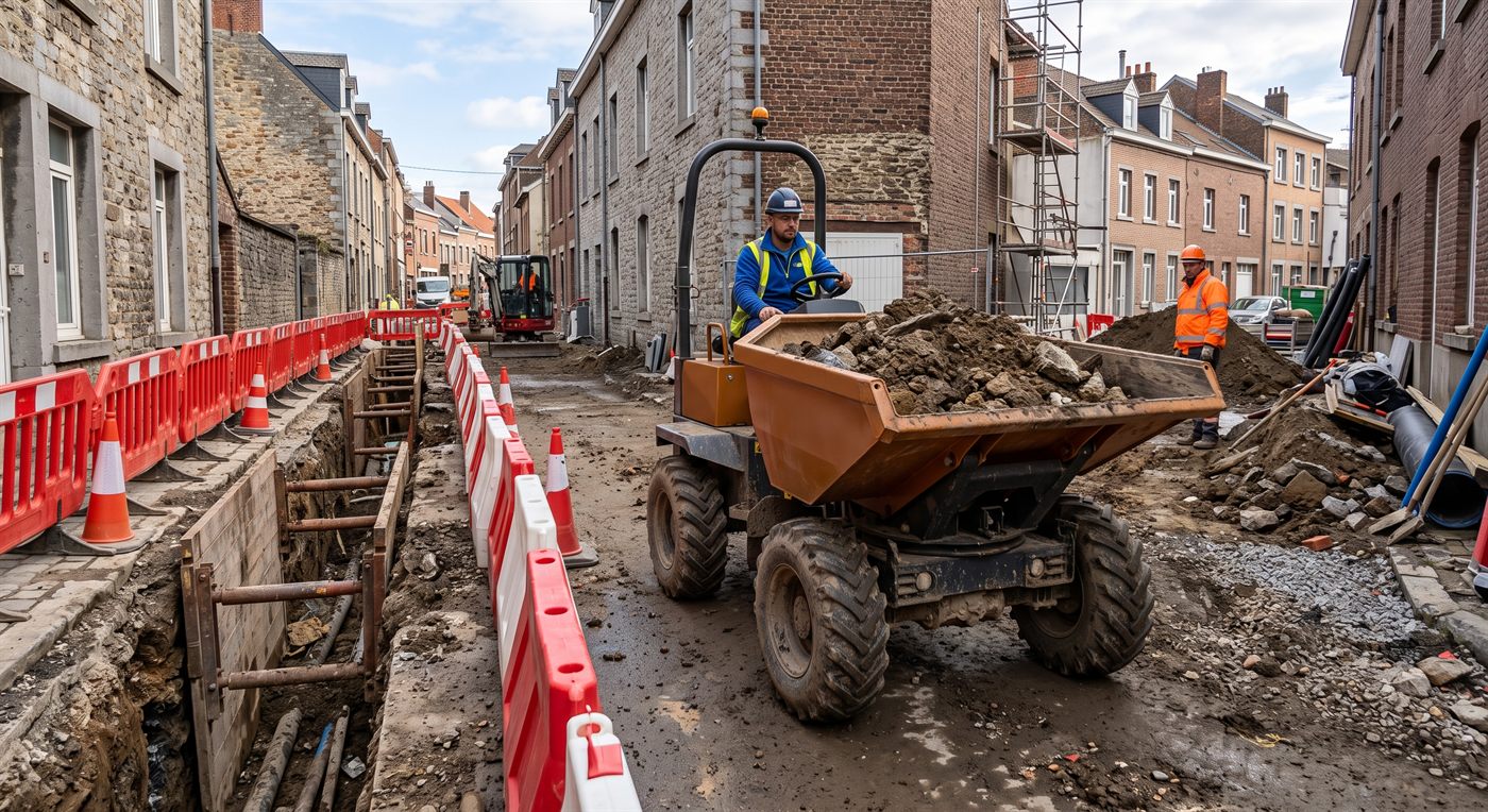 Un motobasculeur chargé de gravats circulant dans une rue étroite, entre les façades et une tranchée blindée protégée par des barrières ; une mini-pelle travaille au fond de la rue.