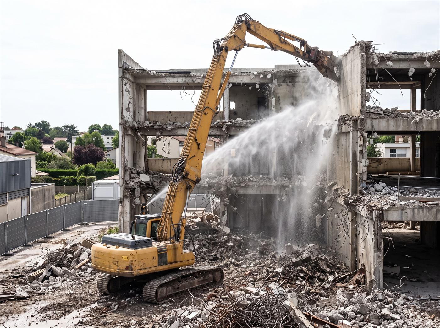 Pelle de démolition à grande hauteur, bras dressé, attaquant le haut d'un bâtiment en béton armé