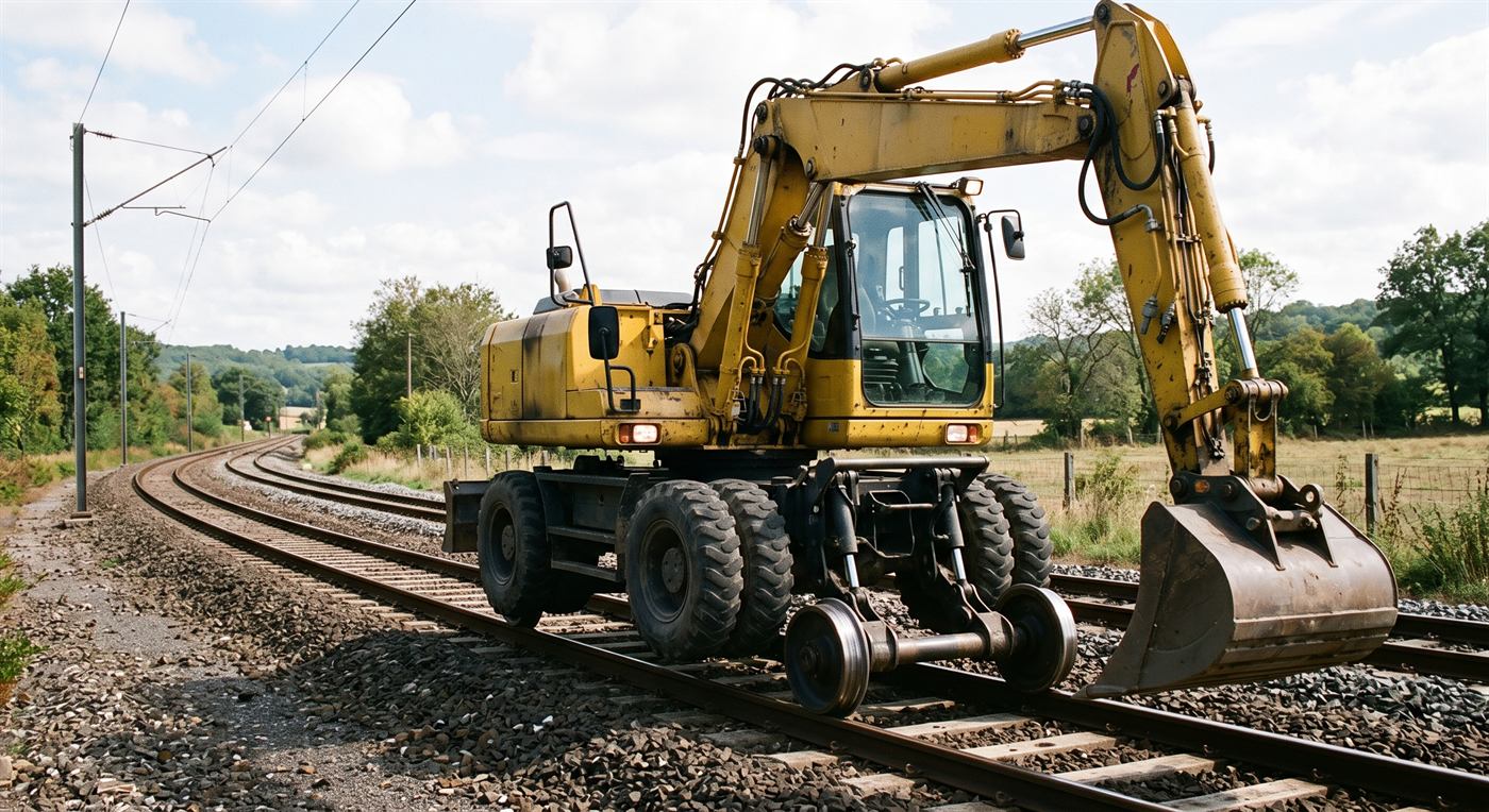 Une pelle hydraulique jaune arrêtée sur une voie ferrée, soulevée sur ses essieux ferroviaires : deux roues métalliques à boudin portent sur les deux rails, et les pneus tournent au-dessus du ballast sans le toucher. Caténaire au-dessus, voie en courbe à l'arrière-plan.
