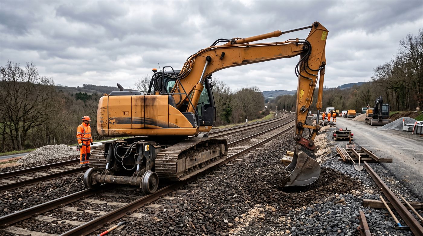 Une pelle rail-route posée sur la voie, ses roues rail descendues, en travail sur le ballast.